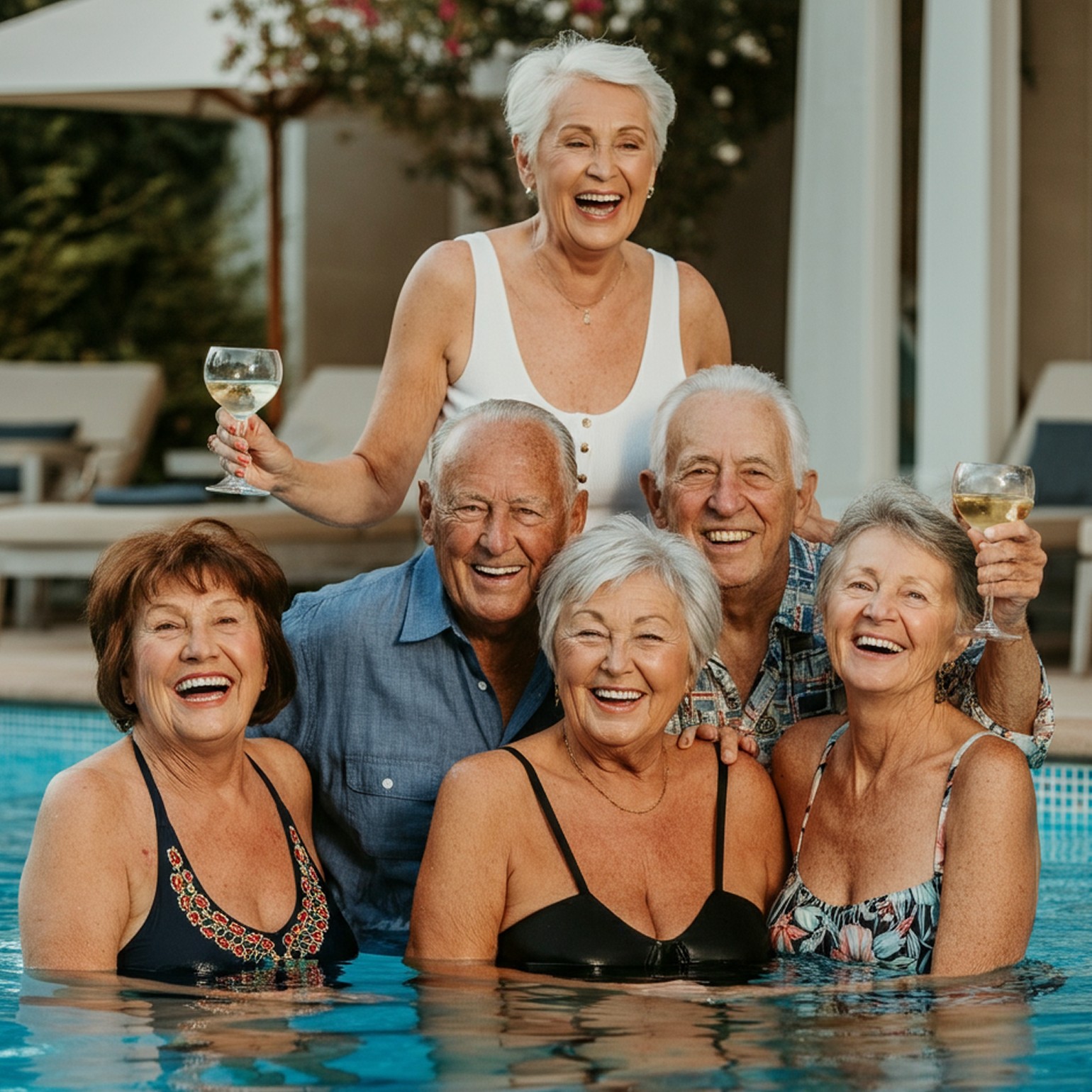 Grupo de idosos sorrindo na piscina do residencial COTA LIFE